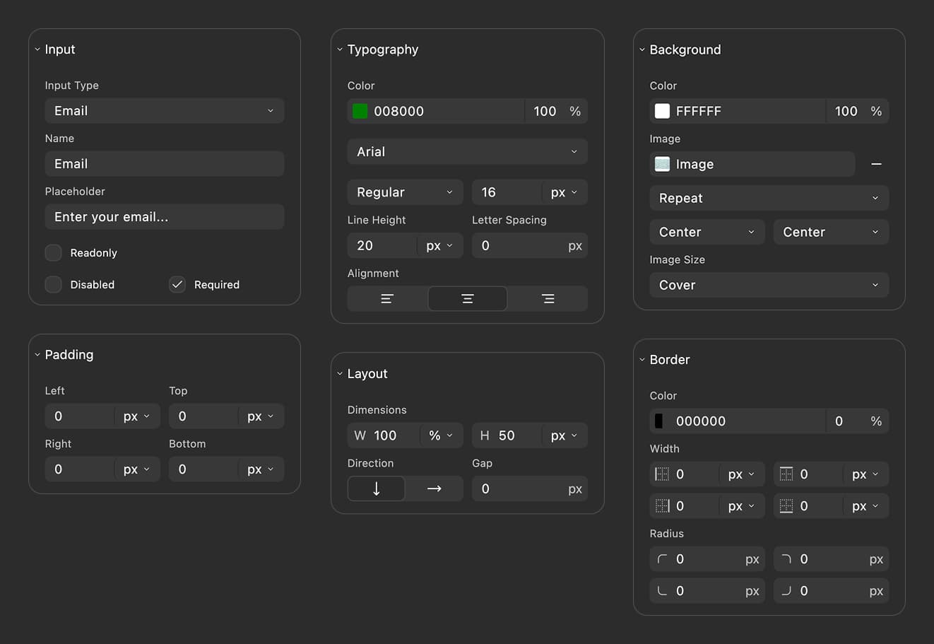 Zoomed view of a design panel with color swatches, font dropdowns, and radius controls - preview updates live on the left