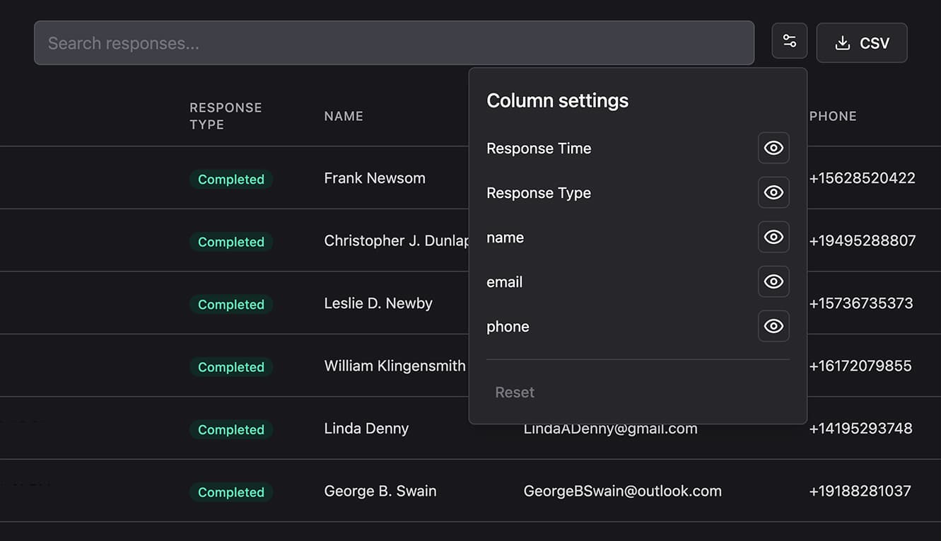 CSV export modal: checkboxes per field with a short note 'Selected fields only'
