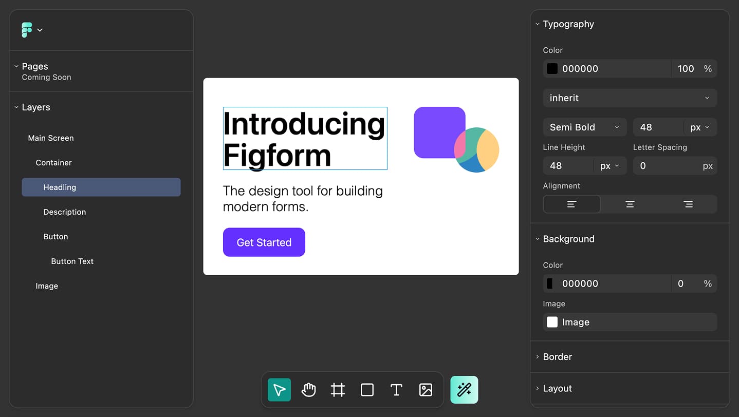 Screenshot of the FigForm canvas with left layers/tools, center canvas, right style panel (colors, imagery, typography)