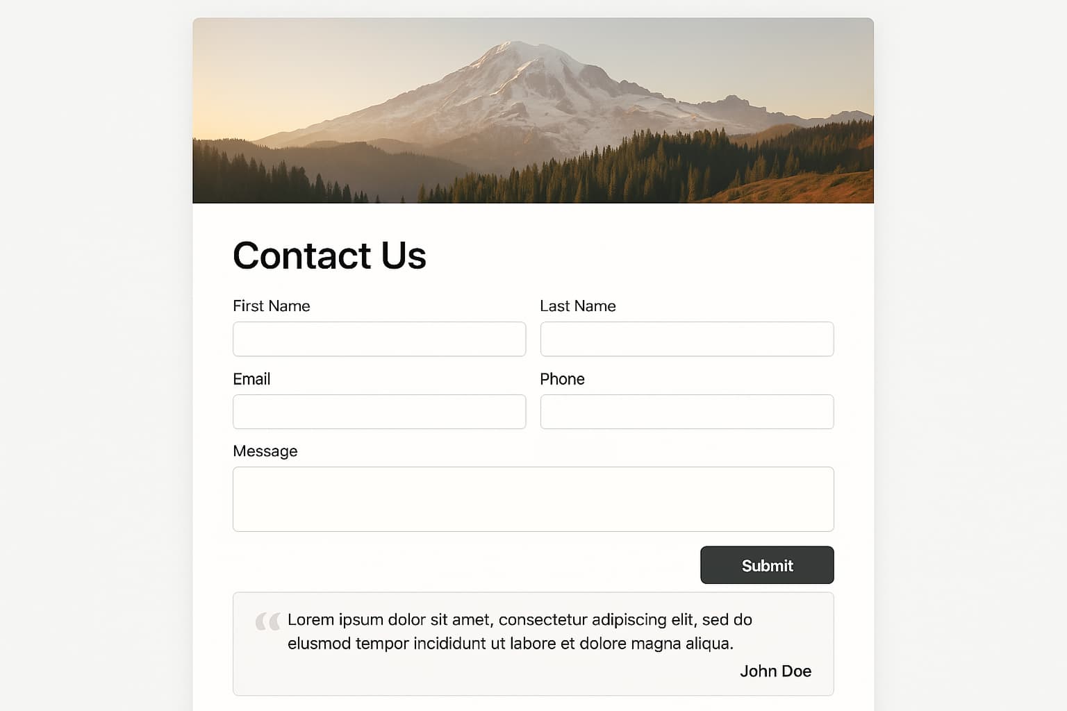 Rich layout: a form with a hero image, two-column fields, and a short testimonial card