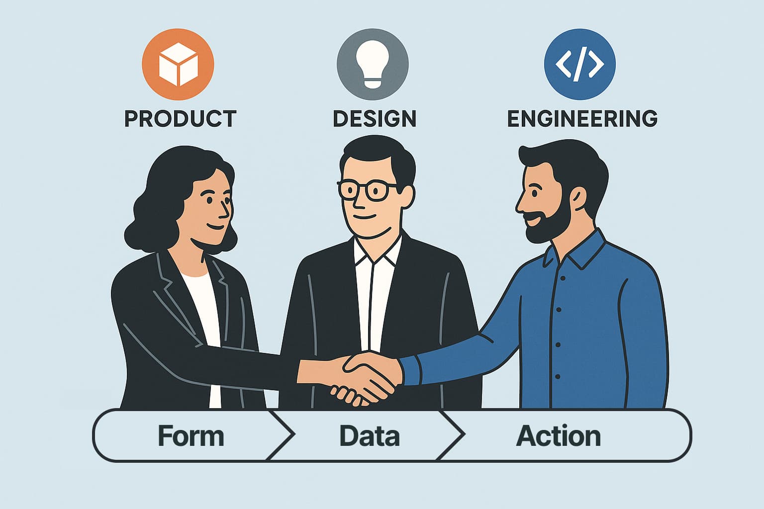 Team handshake: icons for Product, Design, and Engineering aligned along a single pipeline labeled 'Form → Data → Action'
