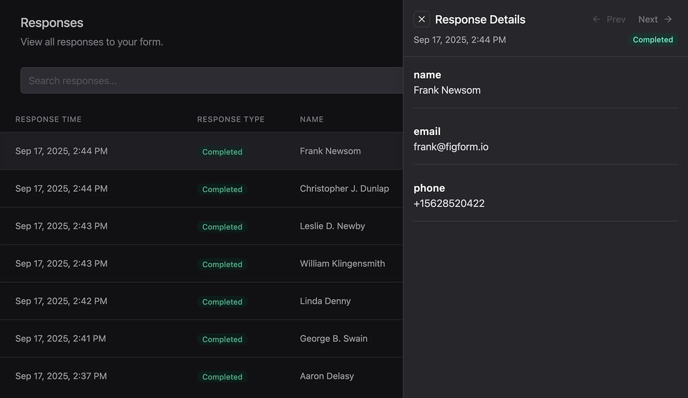 Responses view: sortable list of submissions with field filters and a 'Export CSV (select fields)' modal