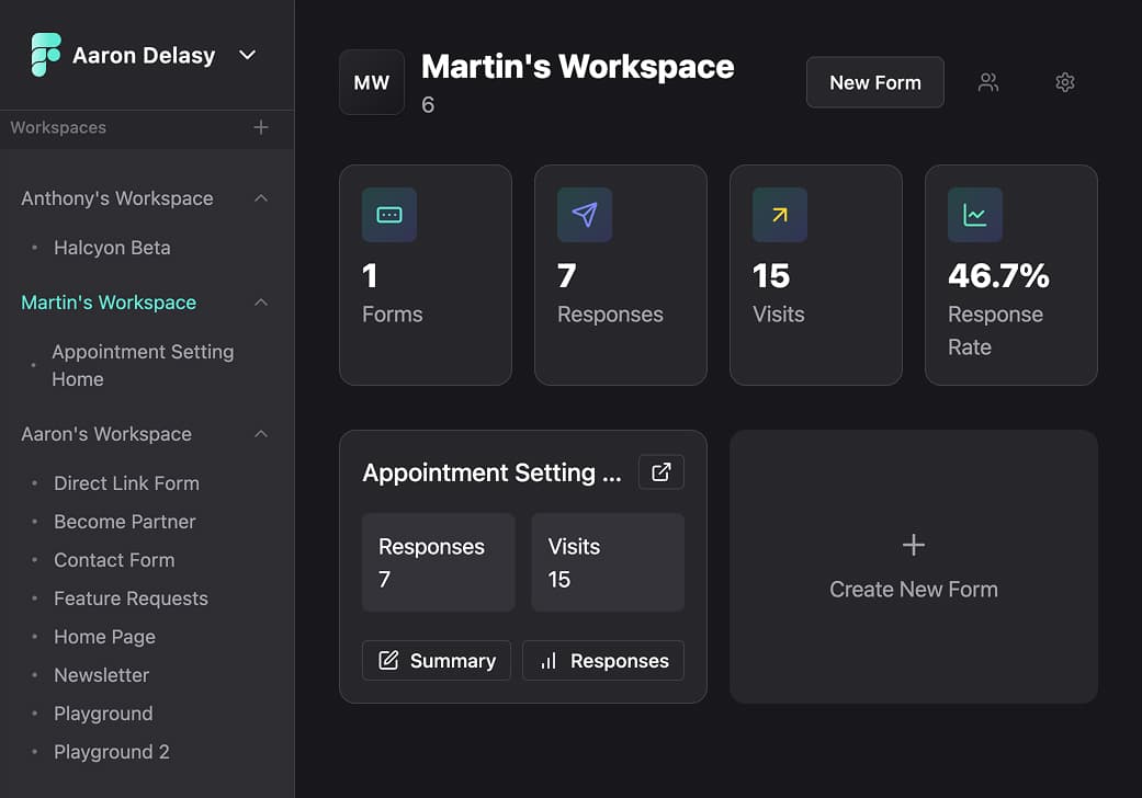 Workspace switcher: a left sidebar showing each workspace with its own form list
