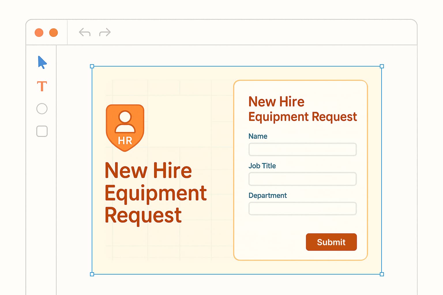 Branded HR form in a Figma-style, no-code editor.