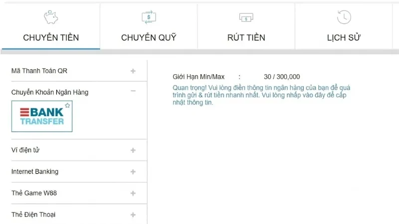 Trang chủ 41 Gửi tiền w88 nhanh chóng với ngân hàng